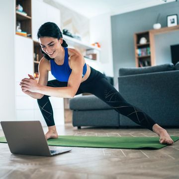 woman pilates computer