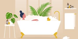 interior design, young female character washing in a clawfoot vintage bathtub full of soap foam, relaxation and body treatment