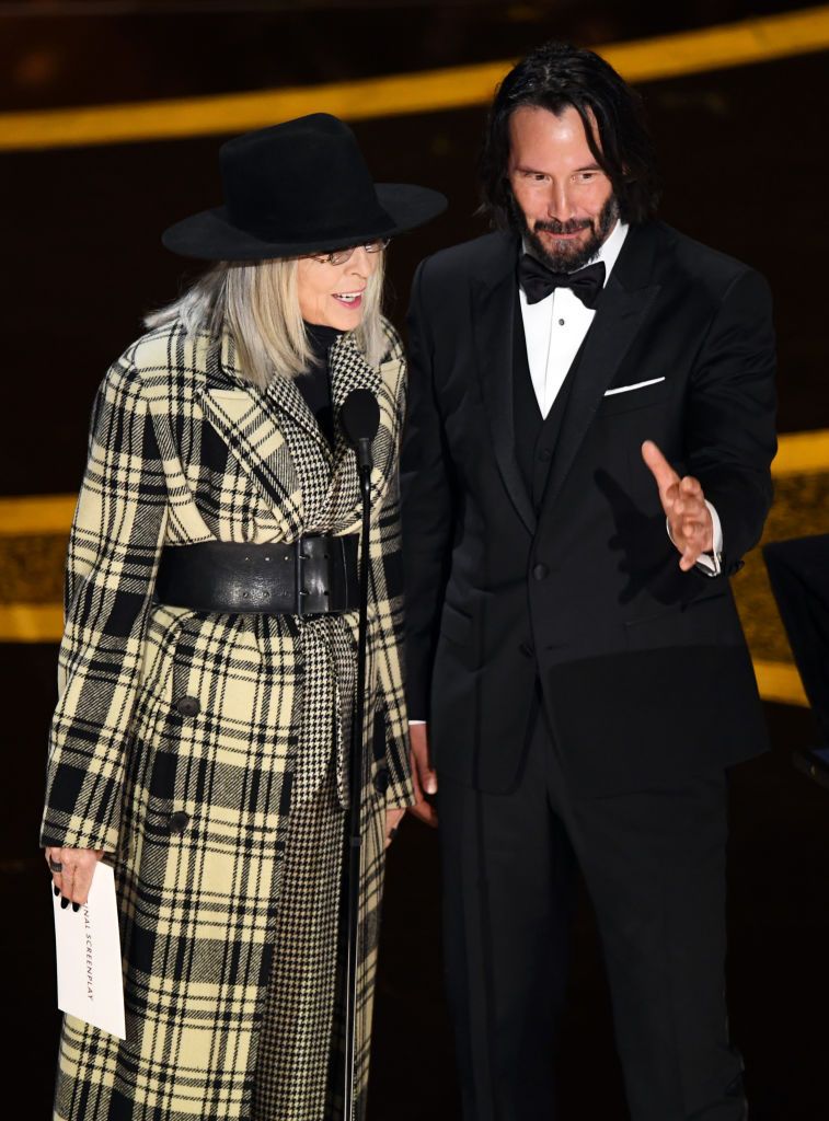 hollywood, california   february 09 l r diane keaton and keanu reeves speak onstage during the 92nd annual academy awards at dolby theatre on february 09, 2020 in hollywood, california photo by kevin wintergetty images