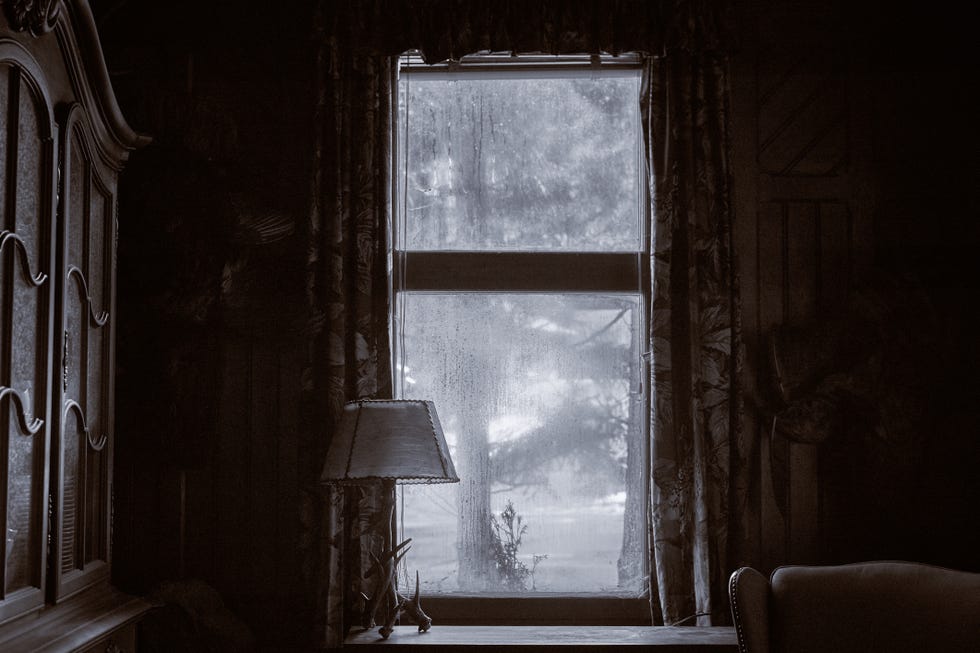Vintage living room with a wooden cabinet, home interior and a tree behind the dirty window looking out of a dirty window with a curtain and a vintage lamp on the windowsill wooden living room cabinet and home interior a tree is in front of the spooky house