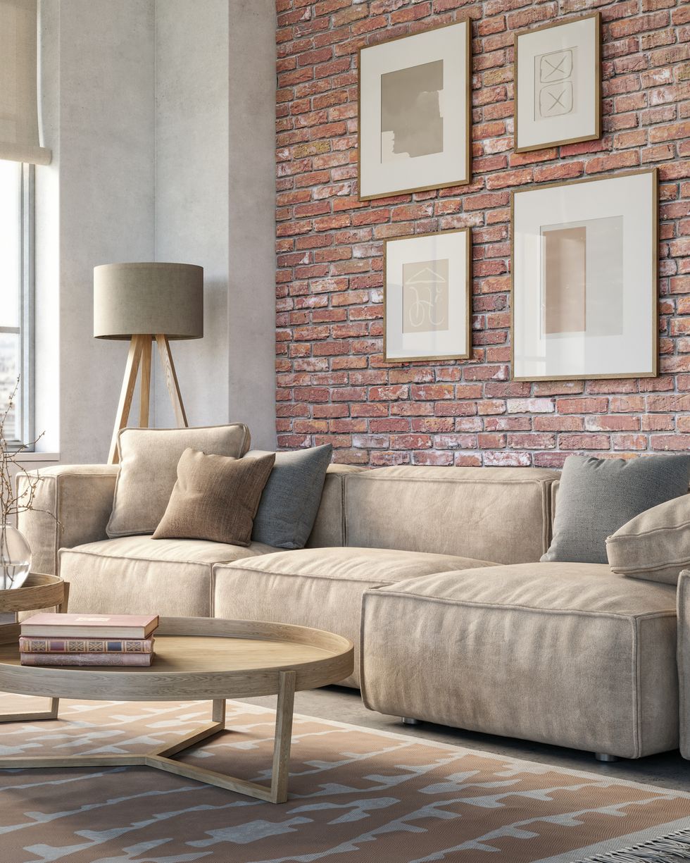 bohemian living room interior 3d render with  beige colored furniture and wooden elements and brick wall