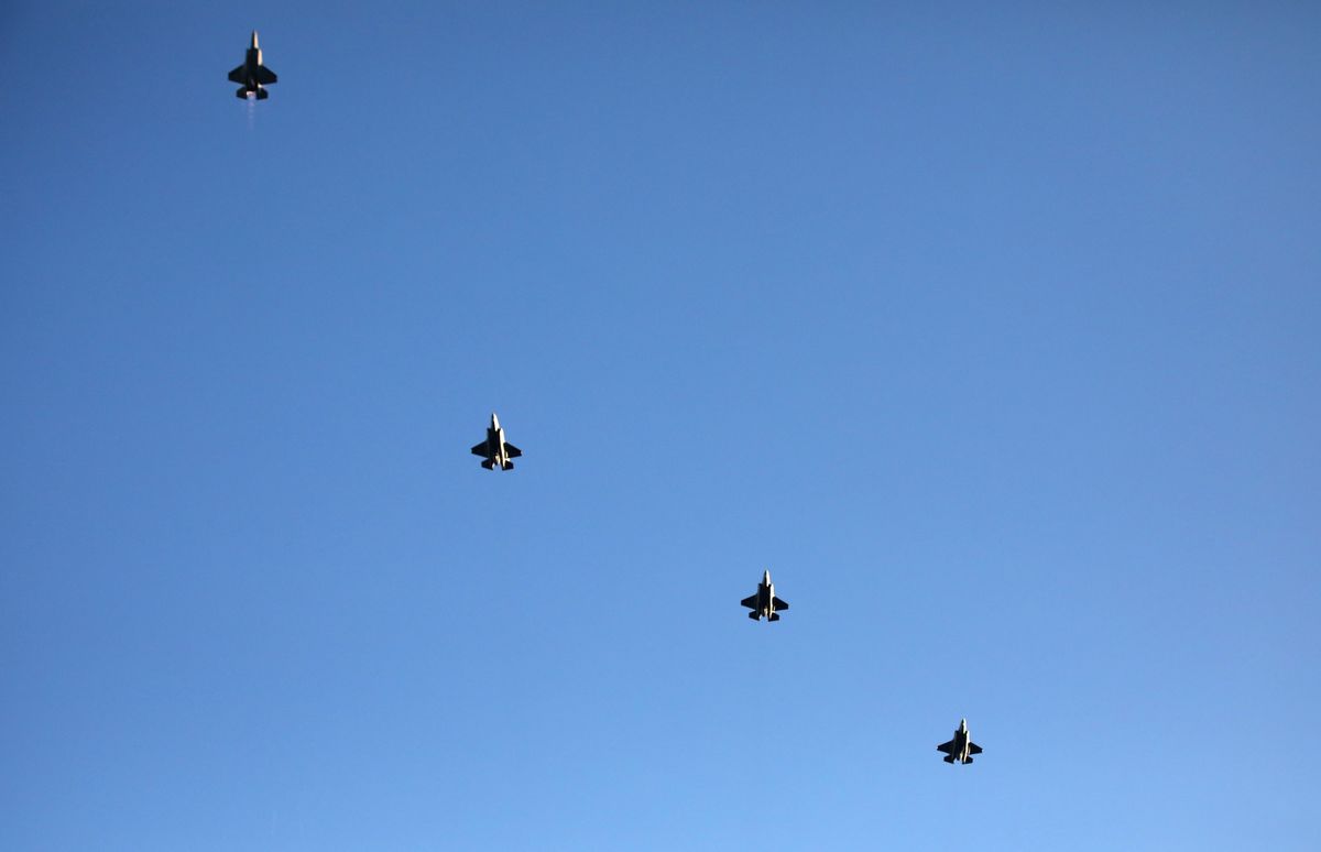 colorado springs, colorado   february 15 the fly over of us air force f 35s are seen prior to the 2020 nhl stadium series game between the los angeles kings and the colorado avalanche at falcon stadium on february 15, 2020 in colorado springs, colorado photo by jonathan kozubnhli via getty images
