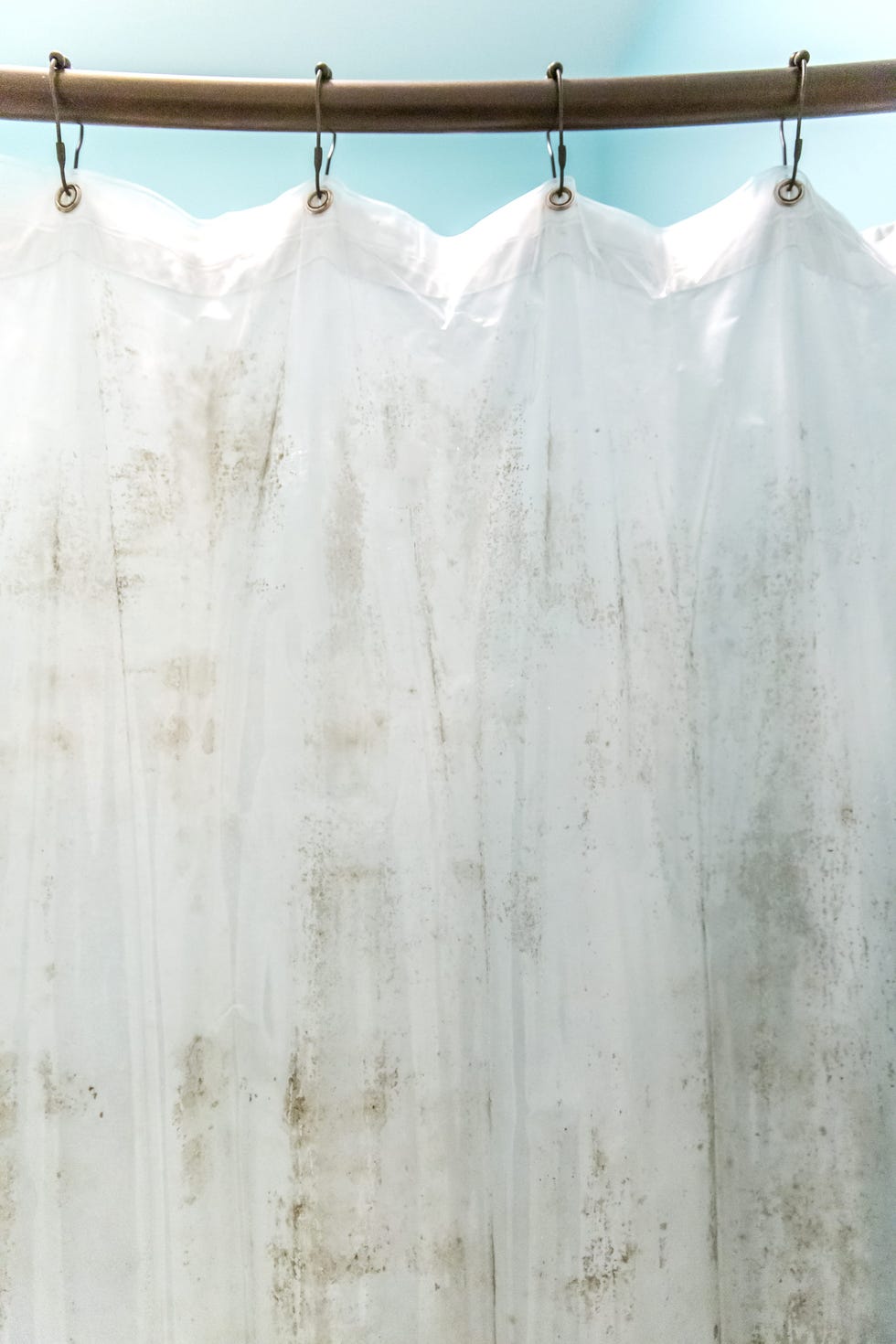dark brown mildew mold on plastic interior shower curtain in a light aqua bathroom inside the bathtub and shower area