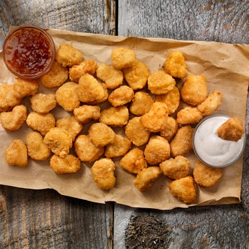 pub style, popcorn chicken with dipping sauce