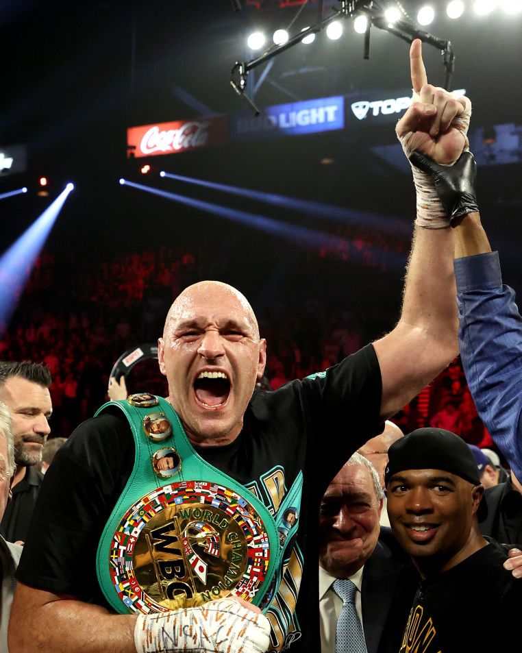 las vegas, nevada   february 22  tyson fury celebrates his win by tko in the seventh round against deontay wilder in the heavyweight bout for wilders wbc and furys lineal heavyweight title on february 22, 2020 at mgm grand garden arena in las vegas, nevada photo by al bellogetty images