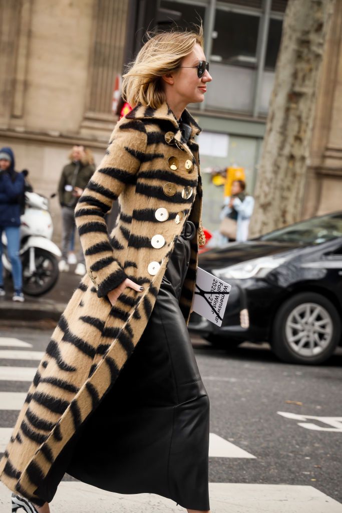 paris, france   february 27  lisa aiken wearing animal print short fur jacket, leather skirt, zebra printed heels and sunglasses outside the paco rabanne show during the paris fashion week womenswear fallwinter 20202021 on february 27, 2020 in paris, france photo by hanna lassengetty images