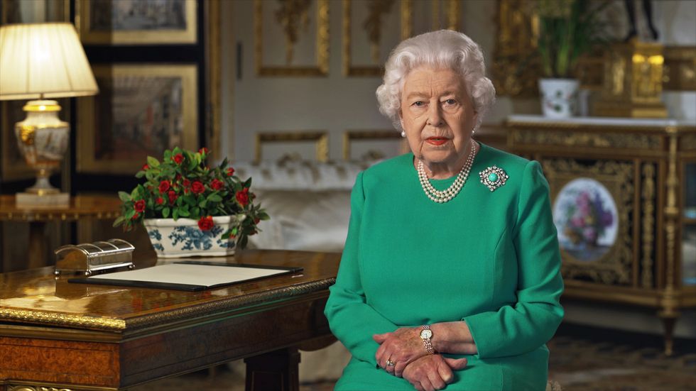 windsor, england   april 05 news editorial use only no commercial use including any use in merchandising, advertising or any other non editorial use in this handout photo provided by buckingham palace, queen elizabeth ii addresses the nation in a special broadcast to the united kingdom and the commonwealth in relation to the coronavirus outbreak at windsor castle on april 5, 2020 in windsor, england photo by buckingham palace via getty images