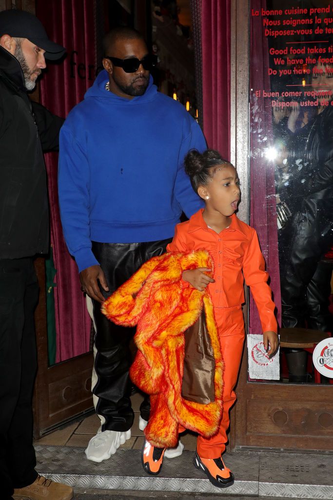 paris, france march 01 kanye west and north west are comming out of a restaurant on march 01, 2020 in paris, france photo by pierre suugc images