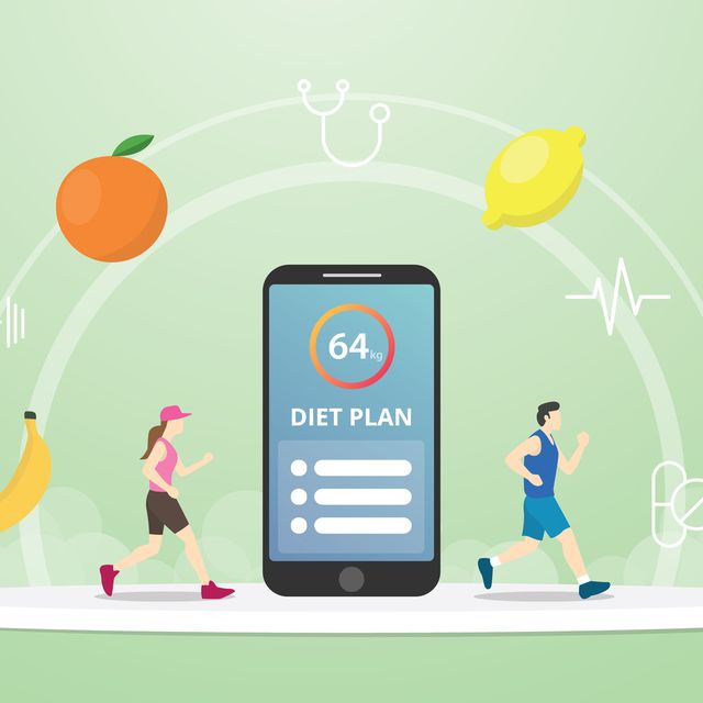 diet plan concept apps tracker with checklist on smartphone and healthy fruits and icon with modern flat style vector