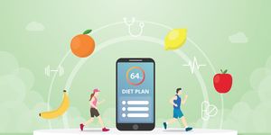 diet plan concept apps tracker with checklist on smartphone and healthy fruits and icon with modern flat style vector