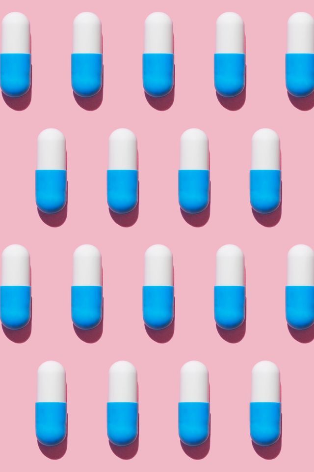 condition centers, repeated pills on pink background