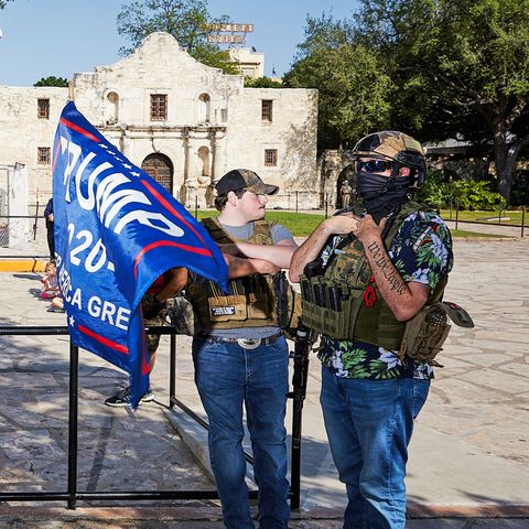 texas, usa   april 25 protestors gather outside of the alamo in san antonio, texas on saturday april 25, 2020 to protest shelter in place executive order as well as the current construction activity on the alamo cenotaph, a monument commemorating the battle of the alamo photo by dave creaneyanadolu agency via getty images