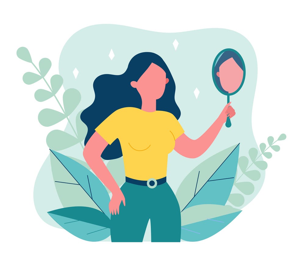 illustration of a woman looking at herself in a hand held mirror