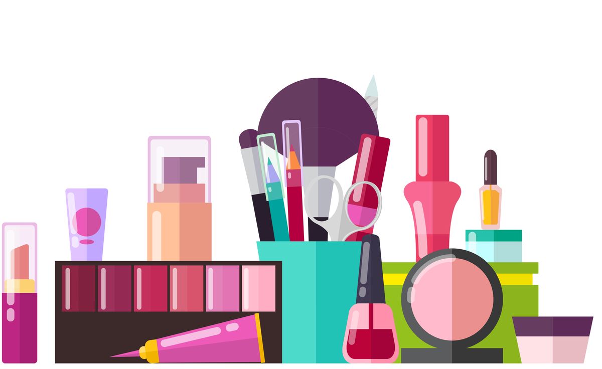 set of various cosmetic stuff vector illustration of different containers with polish, pink lipstick, eyeliners and creams isolated on white backdrop
