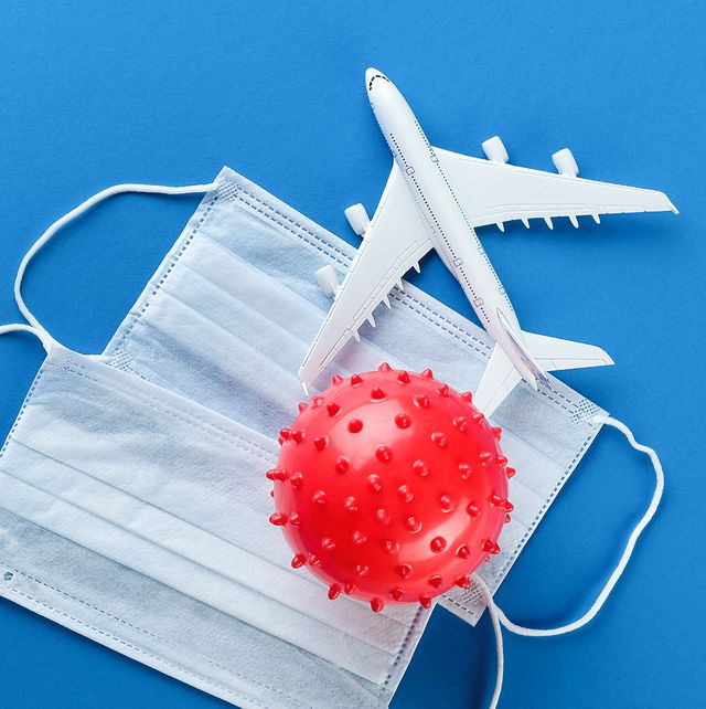 coronavirus, protective medical disposable masks, airplane on a blue background banner