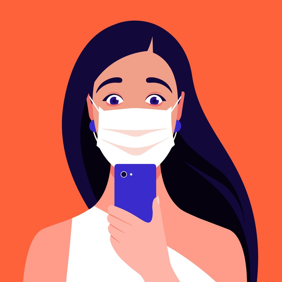 shocked girl adult wears medical mask looks into her smartphone coronavirus portrait of a panicking woman vector flat illustration