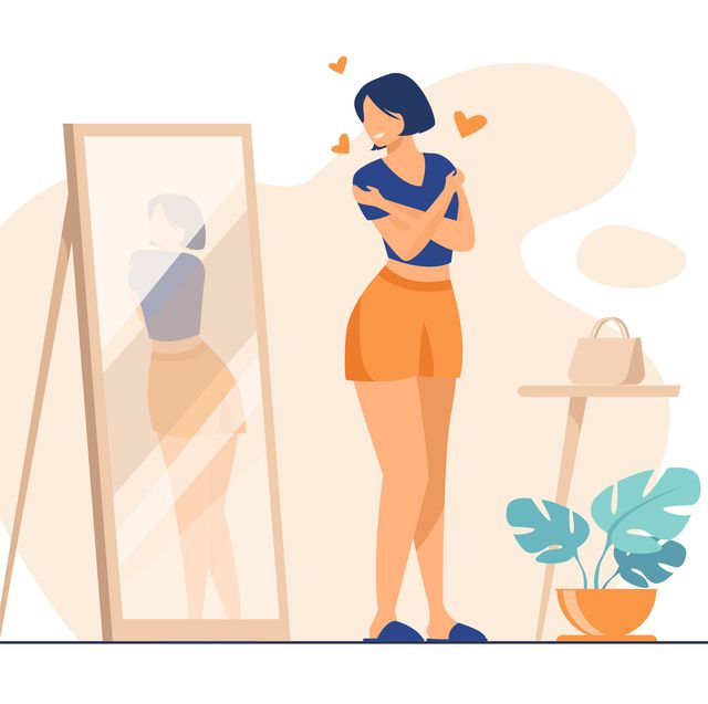 narcissist lady standing at mirror and looking at reflection of her back young woman trying shirt on, hugging herself vector illustration for self love, self esteem, female behavior concept