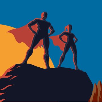 a retro style vector illustration of a couple of superheroes standing on top of a cliff with sun and mountains in the background wide space available foe your copy