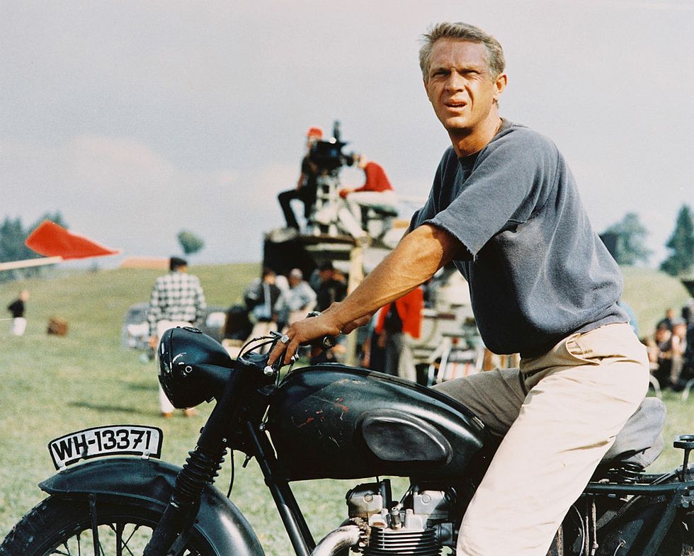 steve mcqueen 1930 1980, us actor, sitting astride a motorcycle in a publicity still issued for the film, the great escape, 1963 the prisoner of war drama, directed by john sturges 1910 1992, starred mcqueen as captain virgil the cooler king hilts photo by silver screen collectiongetty images