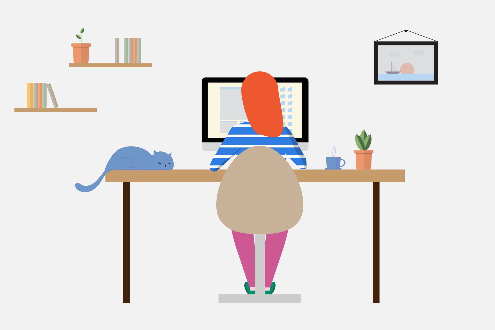 young girl working at home on a personal computer in the room a woman sitting on a chair and typing on the computer vector illustration with working home concept flat design style
