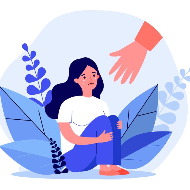 young woman getting help and cure from stress flat vector illustration girl feeling anxiety and loneliness helping hand psychotherapy, counseling and psychological support concept