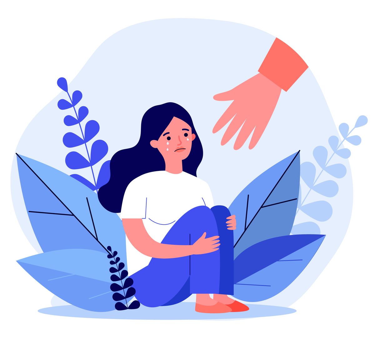 young woman getting help and cure from stress flat vector illustration girl feeling anxiety and loneliness helping hand psychotherapy, counseling and psychological support concept