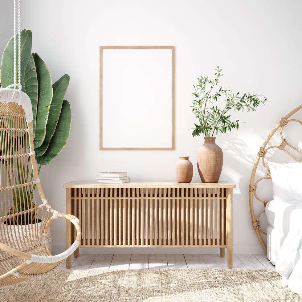 mockup frame in bedroom interior background, coastal boho style, 3d render