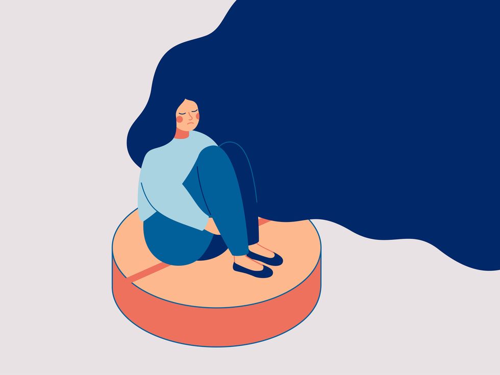depress woman sits on the big pill concept of influence side effects of pills on the women’s moods vector