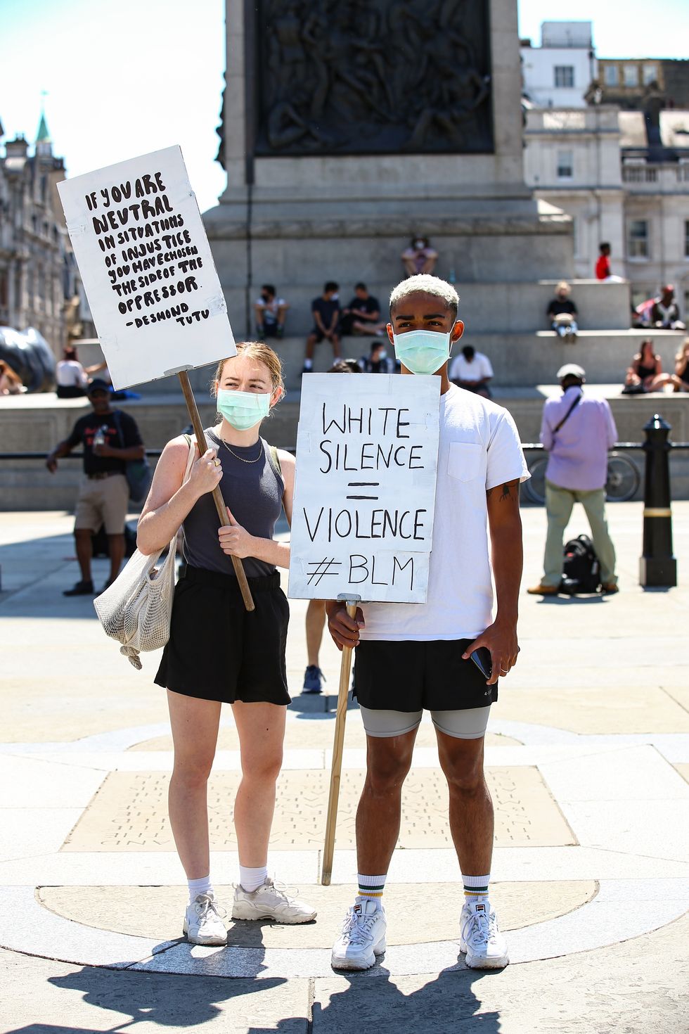london, england   may 31 people hold placards as they join a spontaneous black lives matter march at trafalgar square to protest the death of george floyd in minneapolis and in support of the demonstrations in north america on may 31, 2020 in london, england the death of an african american man, george floyd, at the hands of police in minneapolis has sparked violent protests across the usa a video of the incident, taken by a bystander and posted on social media, showed floyds neck being pinned to the ground by police officer, derek chauvin, as he repeatedly said i can’t breathe chauvin was fired along with three other officers and has been charged with third degree murder and manslaughter photo by hollie adamsgetty images
