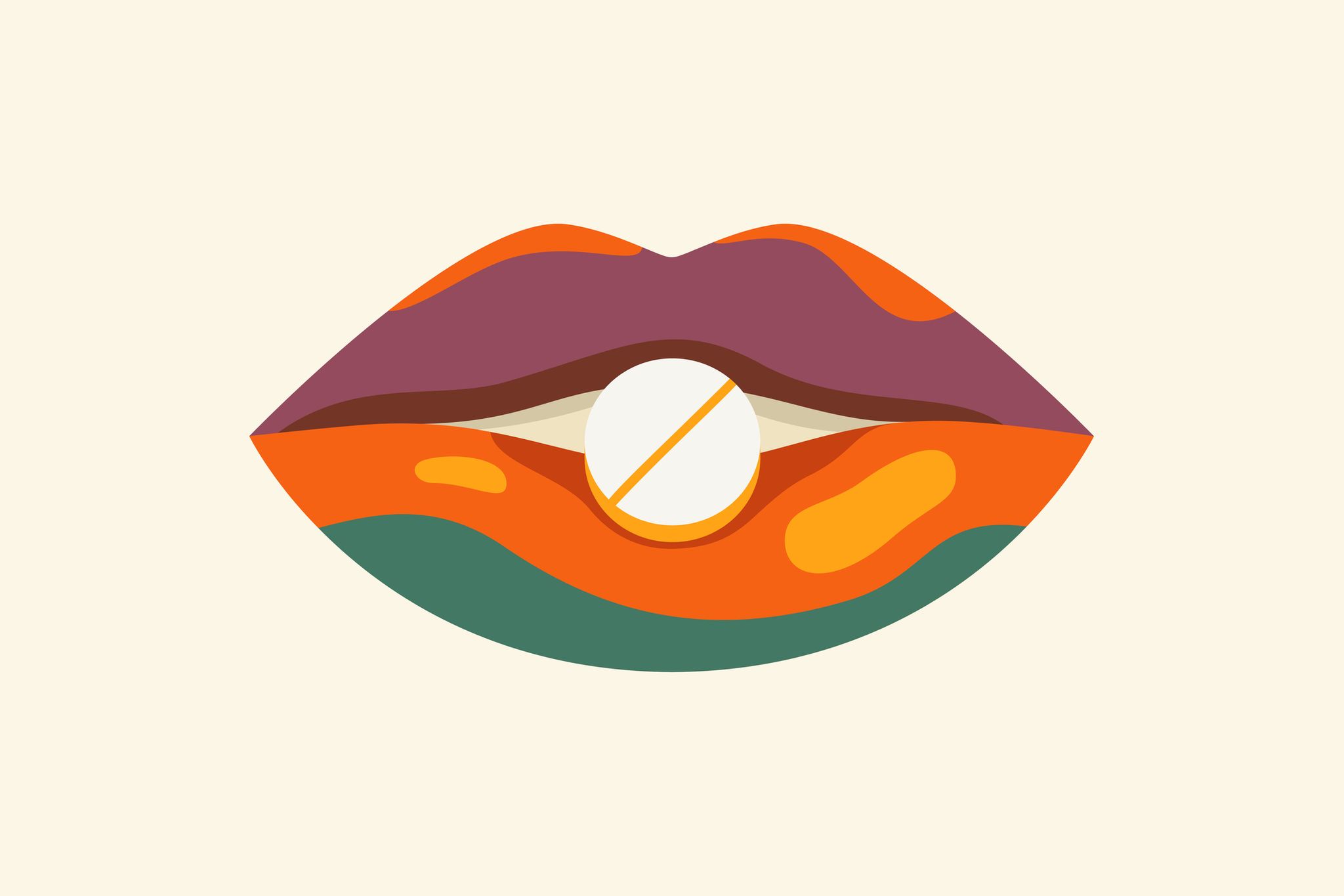 female mouth taking medicine pill on isolated white background concept of influence and side effects of oral contraceptives, vitamins, drugs and others medicament for women vector