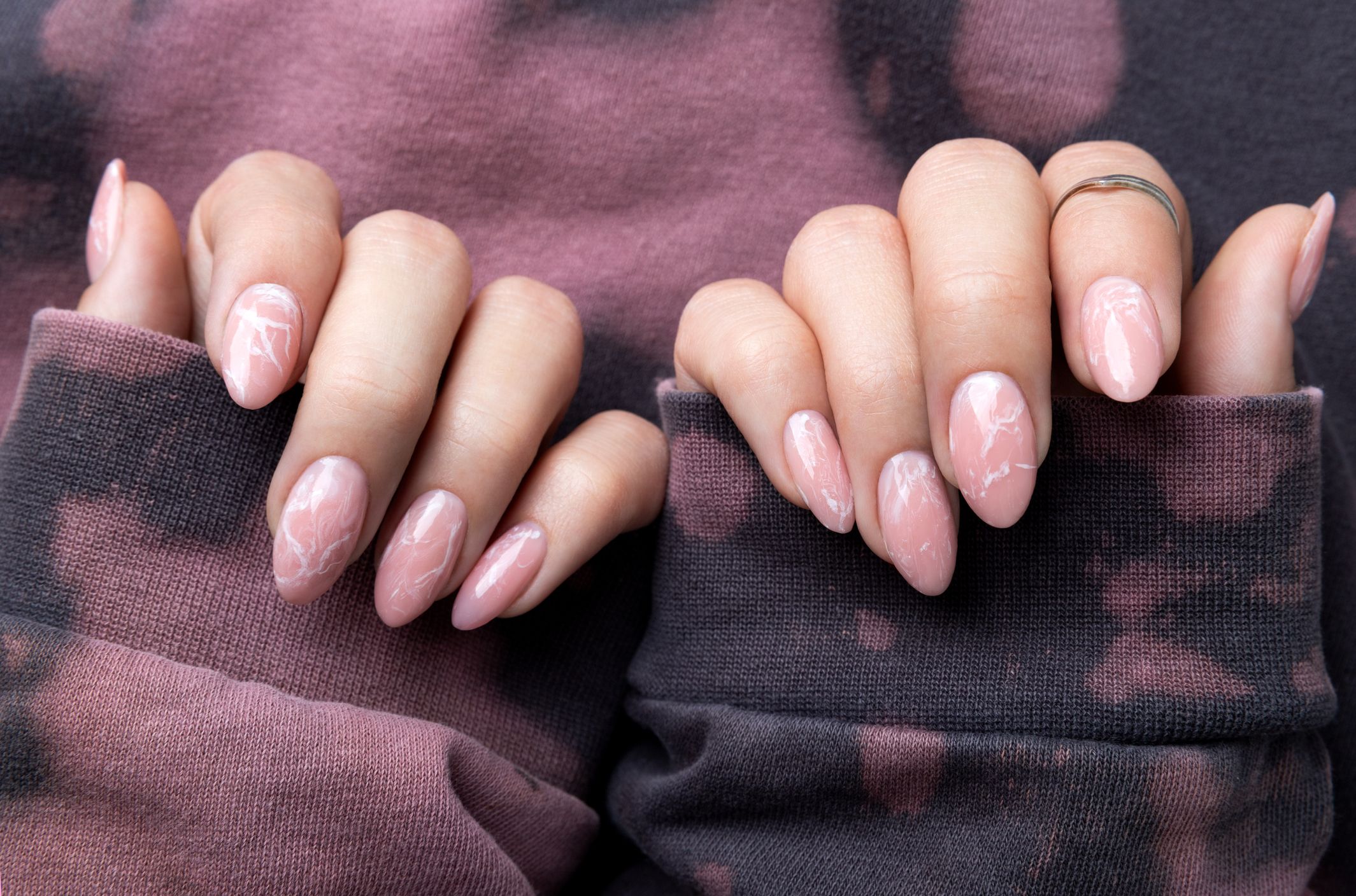 Hotness | Pink White Almond Shape Swirl Nails