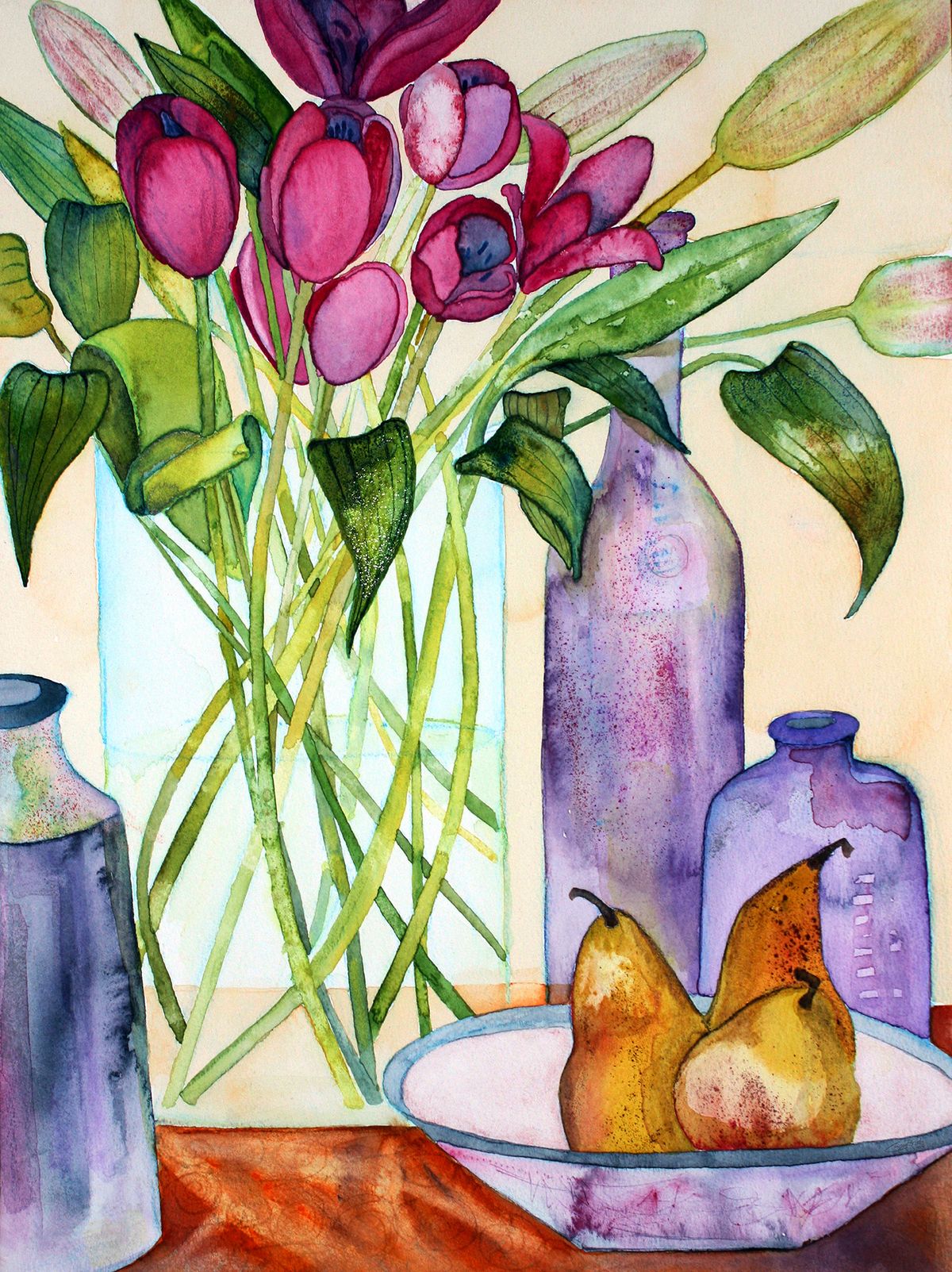 water colour painting of tulips, bottles and pears