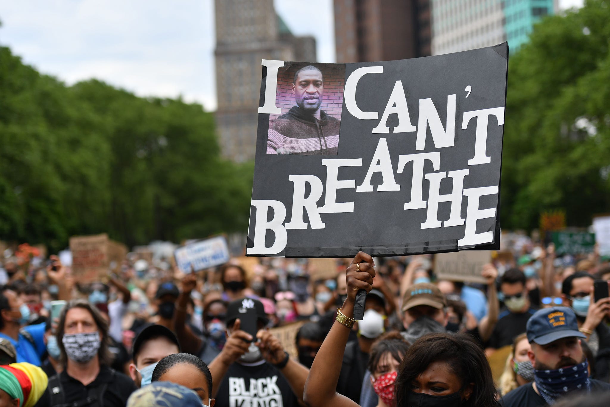 topshot protesters gather to demonstrate the death of george floyd on june 4, 2020, in new york on may 25, 2020, floyd, a 46 year old black man suspected of passing a counterfeit $20 bill, died in minneapolis after derek chauvin, a white police officer, pressed his knee to floyd's neck for almost nine minutes photo by angela weiss afp photo by angela weissafp via getty images