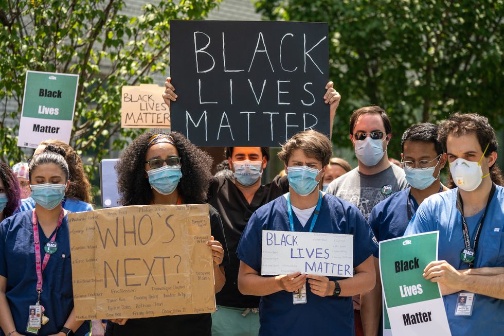 new york, ny   june 04 healthcare workers at nyc health  hospitalsjacobi show solidarity with the black lives matter movement on june 4, 2020 in the bronx borough of new york city widespread protests continue around the country and other parts of the world over the death of george floyd while in minneapolis, minnesota police custody on may 25  photo by david dee delgadogetty images