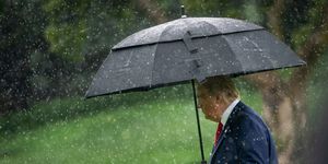 washington, dc   june 11 us president donald trump walks to marine one in the rain on the south lawn of the white house on june 11, 2020 in washington, dc later today, president trump was scheduled to meet with pastors, law enforcement officials and small business owners at a church in dallas, texas  photo by drew angerergetty images