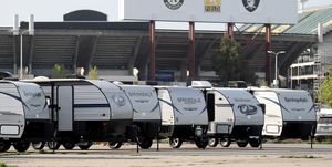 oakland, ca   april 15 trailers that were brought to oakland to be used by homeless people remain empty on day 30 of the coronavirus shelter in place order in oakland, calif, on wednesday, april 15, 2020 some of the trailers have been there since a joint press conference was held with gov gavin newsom and mayor libby schaaf on jan 16 jane tyskadigital first mediaeast bay times via getty images