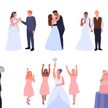 cartoon wedding set with groom and bride in various poses collection of happy wedding couples characters bridal ceremony marriage celebration isolated on white just married vector illustration