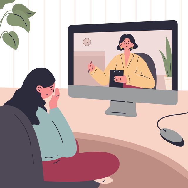 young woman in a session with a psychologist online at home