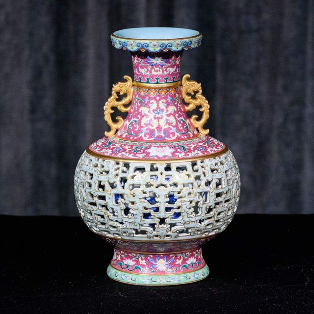 the harry garner reticulated vase, a lost masterpiece of chinese porcelain produced in limited quantities between 1742 and 1743 for the qianlong emperor, is displayed during a media preview at sothebys in hong kong on june 26, 2020   the vase is expected to fetch in excess of 70 million hkd 903 million usd during its auction on july 11, sothebys said photo by anthony wallace  afp  restricted to editorial use   mandatory mention of the artist upon publication   to illustrate the event as specified in the caption photo by anthony wallaceafp via getty images