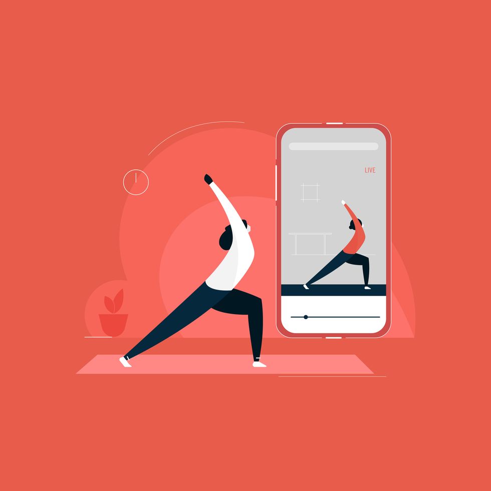 girl exercising with online yoga trainer in mobile phone, concept of online yoga courses illustration, indoor fitness activity, yoga at home