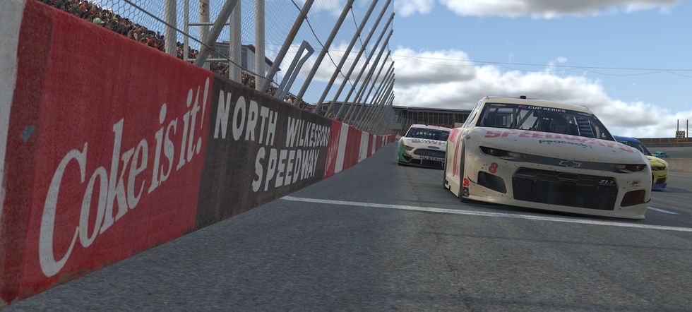 north wilkesboro, north carolina may 09 editorial use only editors note this image was computer generated in game dale earnhardt jr, driver of the 8 lost speedways chevrolet, races during the enascar iracing pro invitational series north wilkesboro 160 at virtual north wilkesboro speedway on may 09, 2020 in north wilkesboro, north carolina photo by chris graythengetty images
