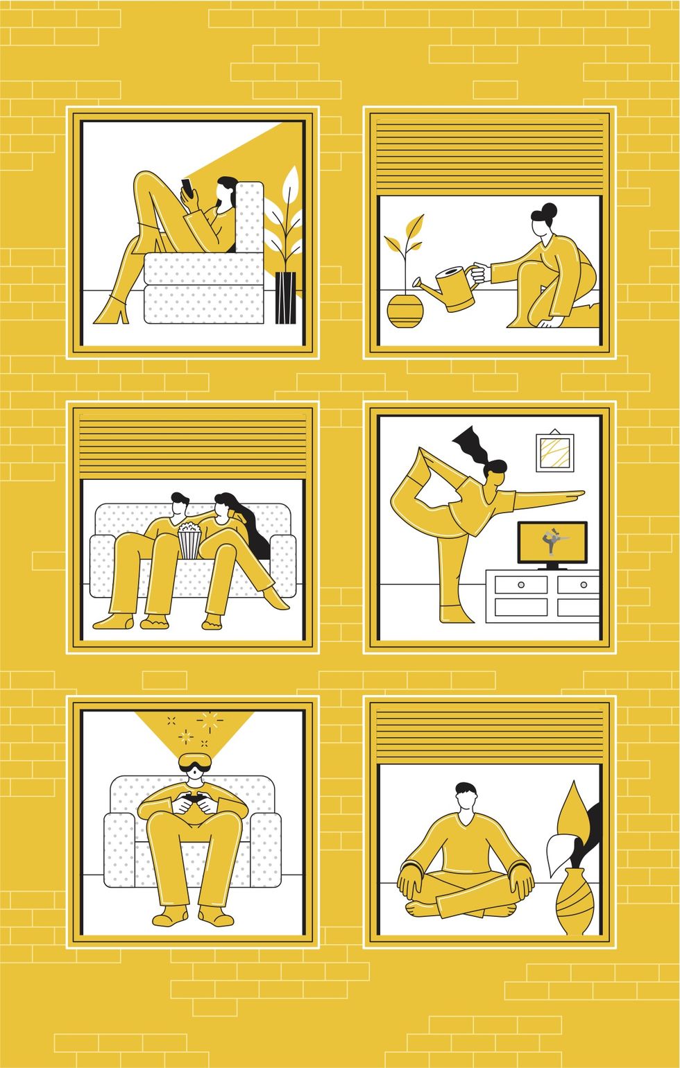 illustration of people hanging out in their homes in various ways