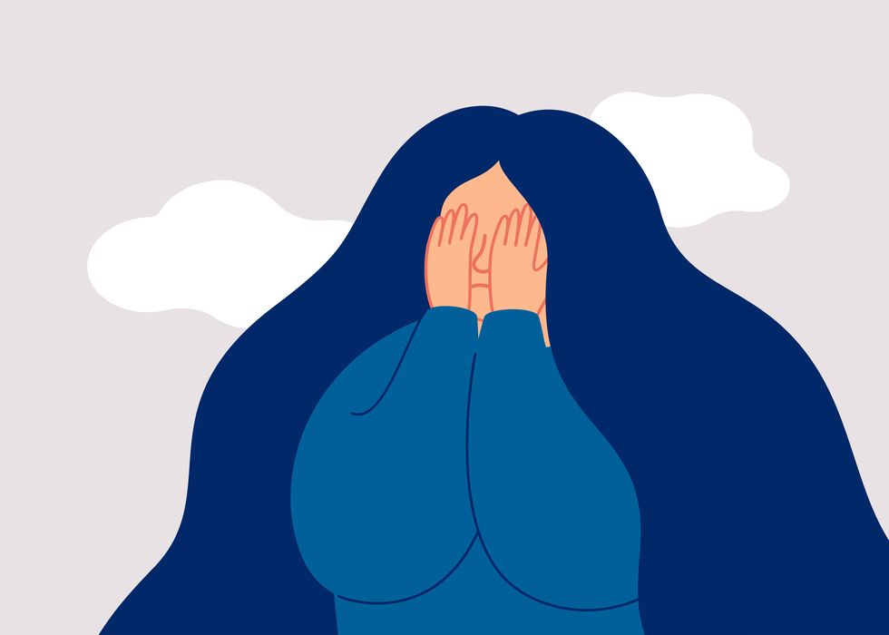 sad female adolescent covers her face with palms concept of abuse and bully, physical and emotional violence against women and adolescents vector illustration