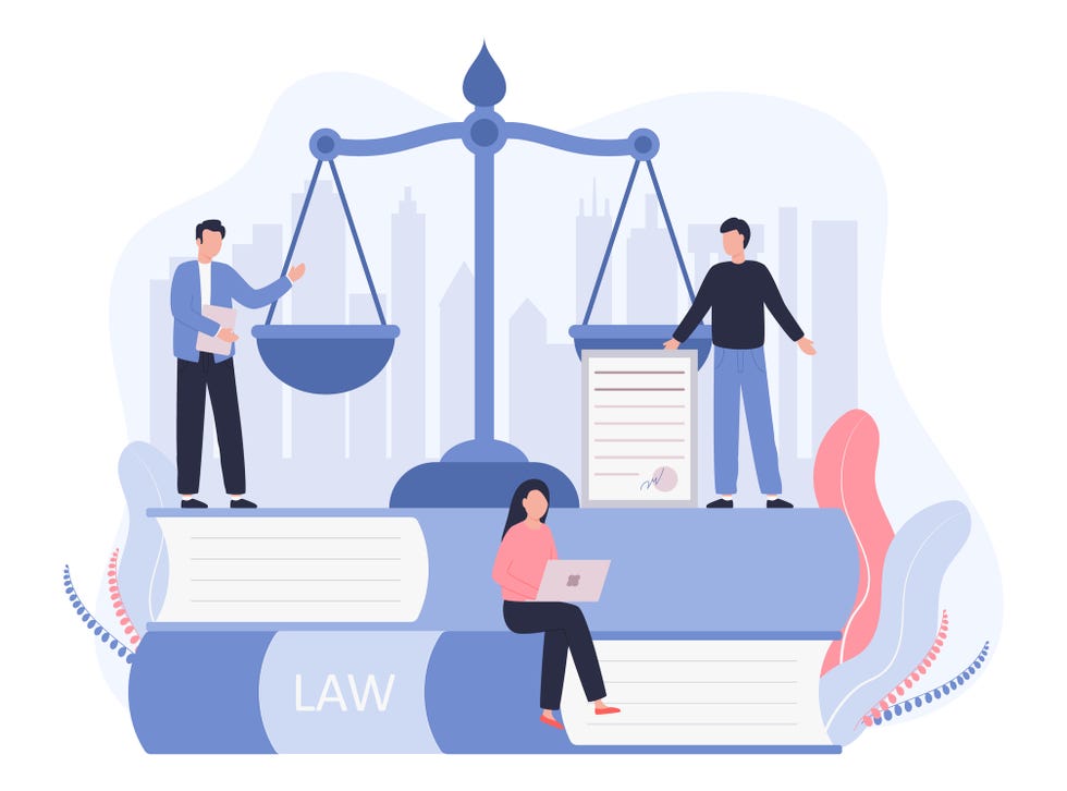 concept law, justice legal service, services of a lawyer, notary men against the backdrop of the city discuss legal issues, a woman works on a laptop vector flat illustration on a white background