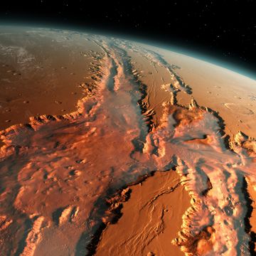 illustration of an oblique view of the giant valles marineris canyon system on mars the valles marineris is over 3000 kilometres long and up to 8 kilometres deep, dwarfing the grand canyon of arizona, usa the canyons were formed by a combination of geological faulting, landslides, and erosion by wind and ancient water flows the view is looking west, from an altitude of about 2000 kilometres, and shows the canyon filled with low altitude fog and cloud