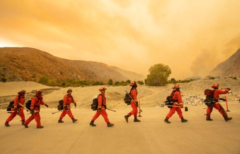 topshot   inmate firefighters arrive at the scene of the water fire, a new start about 20 miles from the apple fire in whitewater, california on august 2, 2020   more than 1,300 firefighters were battling a blaze that was burning out of control august 2 in southern california, threatening thousands of people and homes east of los angeles
the so called apple fire that broke out friday near the city of san bernardino has so far charred more than 20,000 acres 8,000 hectares, sending up columns of smoke visible from far away photo by josh edelson  afp photo by josh edelsonafp via getty images