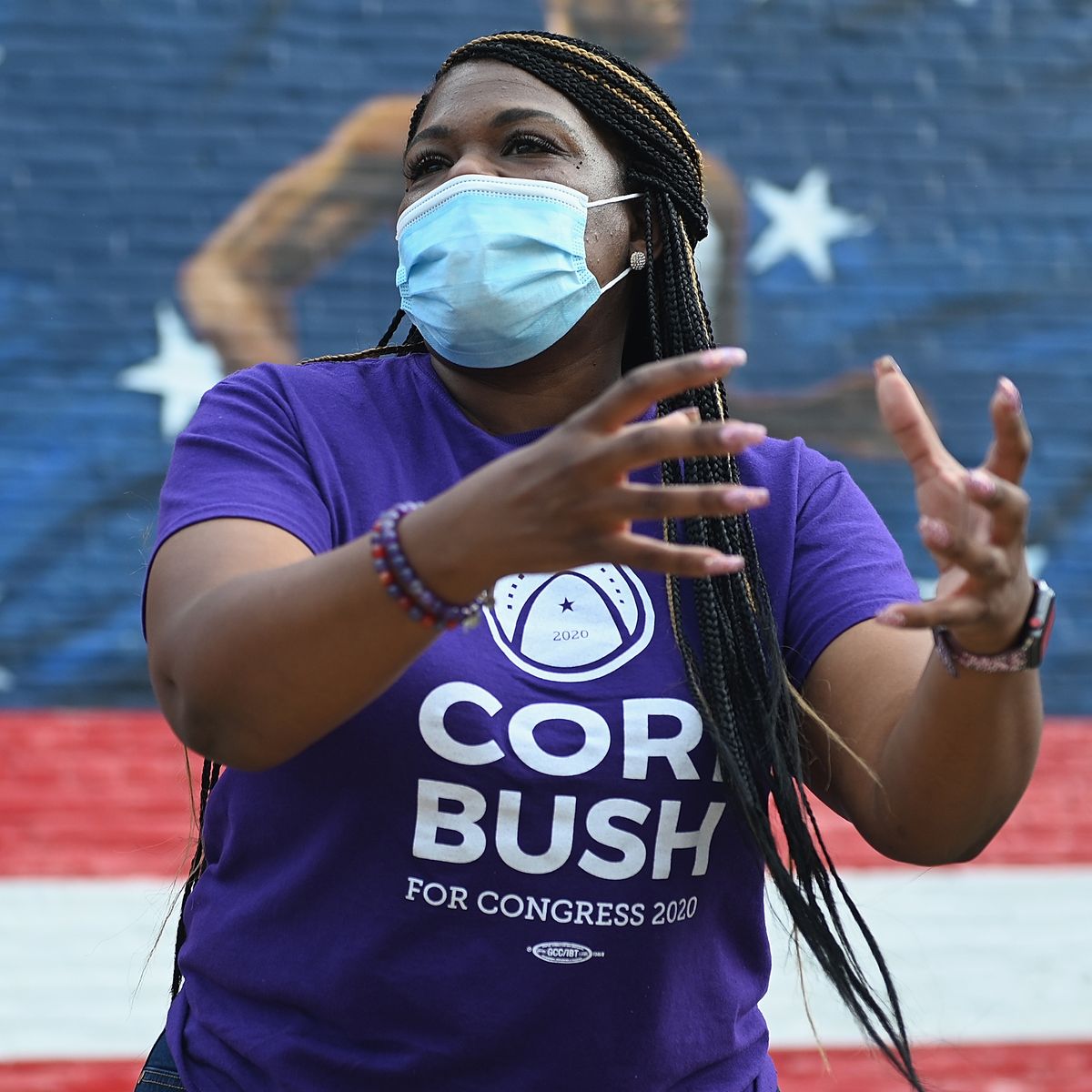 st louis, mo   august 03 missouri democratic congressional candidate cori bush speaks to supporters during a canvassing event on august 3, 2020 in st louis, missouri bush, an activist backed by the progressive group justice democrats, is looking to defeat 10 term incumbent rep william lacy clay d mo in tuesdays election photo by michael b thomasgetty images