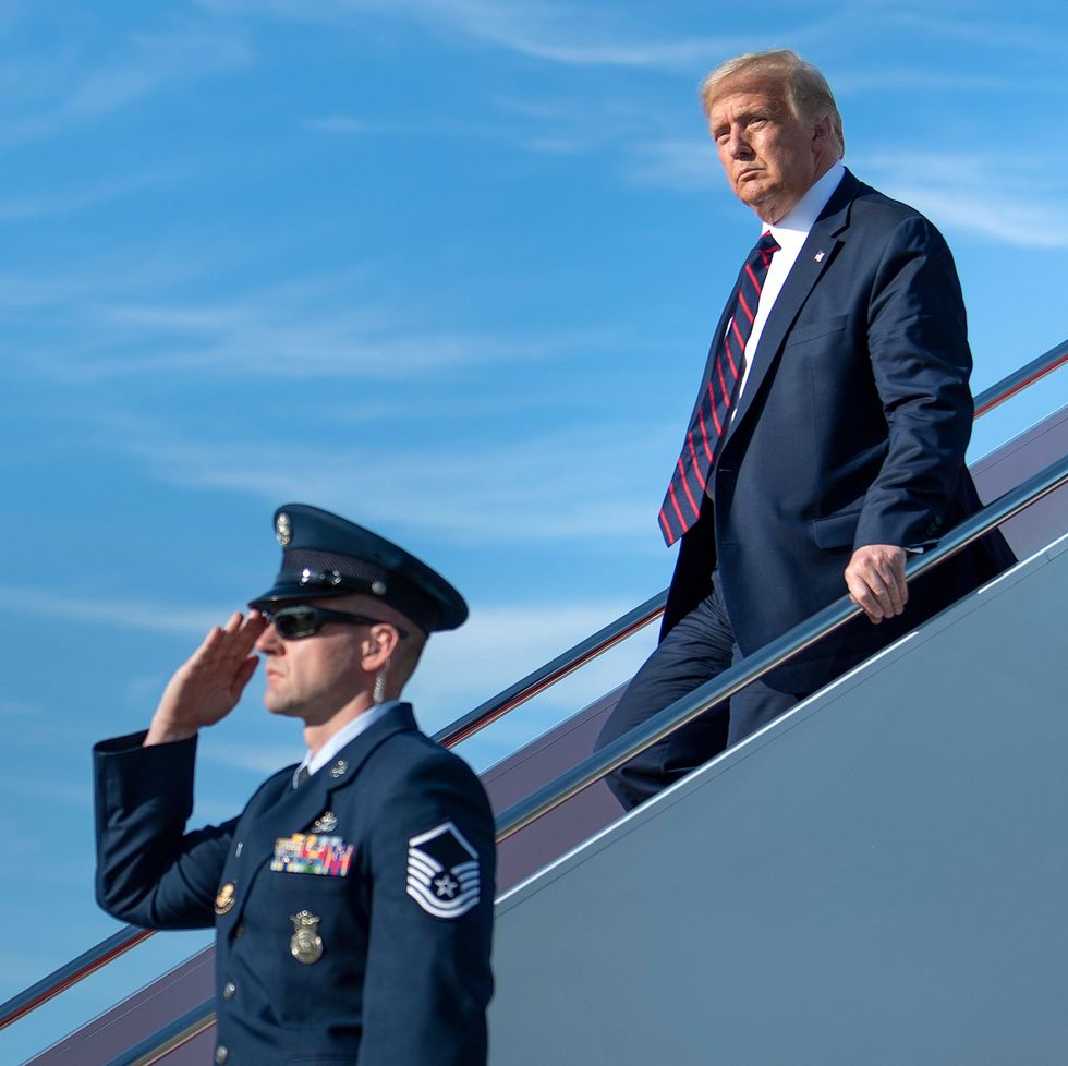 us president donald trump arrives at andrews air force base august 20, 2020, in maryland photo by brendan smialowski  afp photo by brendan smialowskiafp via getty images