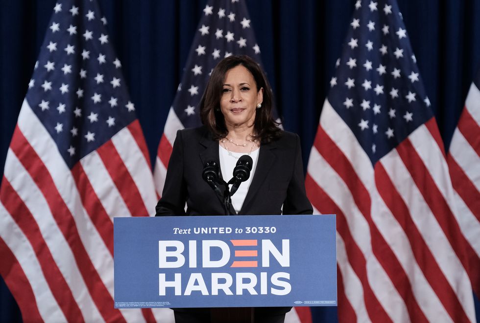 washington, dc   august 27 democratic vice presidential nominee sen kamala harris d ca, delivers remarks during a campaign event on august 27, 2020 in washington, dc harris discussed president donald trumps failure to handle the covid 19 pandemic and protect working families from the economic fallout prior to the last night of the republican national convention photo by michael a mccoygetty images