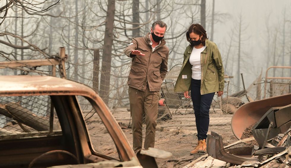 us democratic vice presidential nominee and senator from california, kamala harris and california governor gavin newsom visit the scene of fire ravaged property from the creek fire across from pine ridge elementary school in an unincorporated area of fresno, california on september 15, 2020 photo by frederic j brown  afp photo by frederic j brownafp via getty images